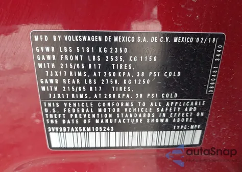 2019 Volkswagen Tiguan 2.0T Se/2.0T Sel/2.0T Sel R-Line/2.0T Sel R-Line Black z USA, uszkodzony, nr VIN 3VV3B7AX5KM105243